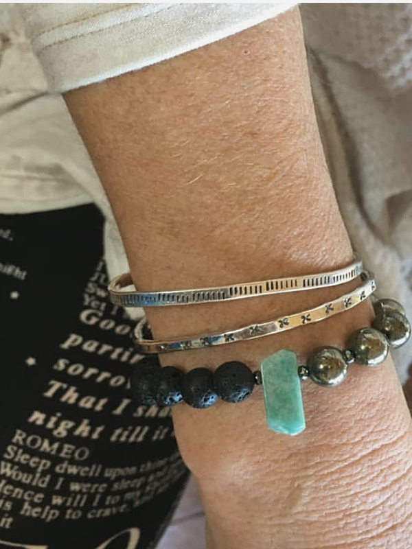 Sterling cuff bracelet and a beaded gemstone bracelet stack