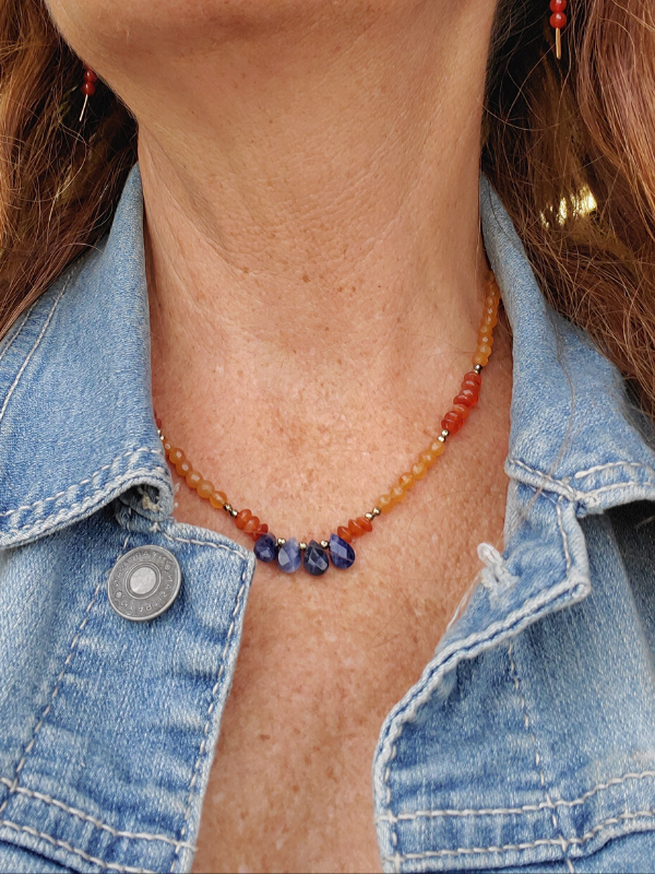 orange blue gemstone sunset necklace with denim