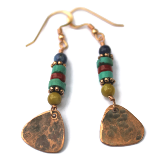 Hammered Copper Triangles &  Earthy Gemstone Stone Earrings