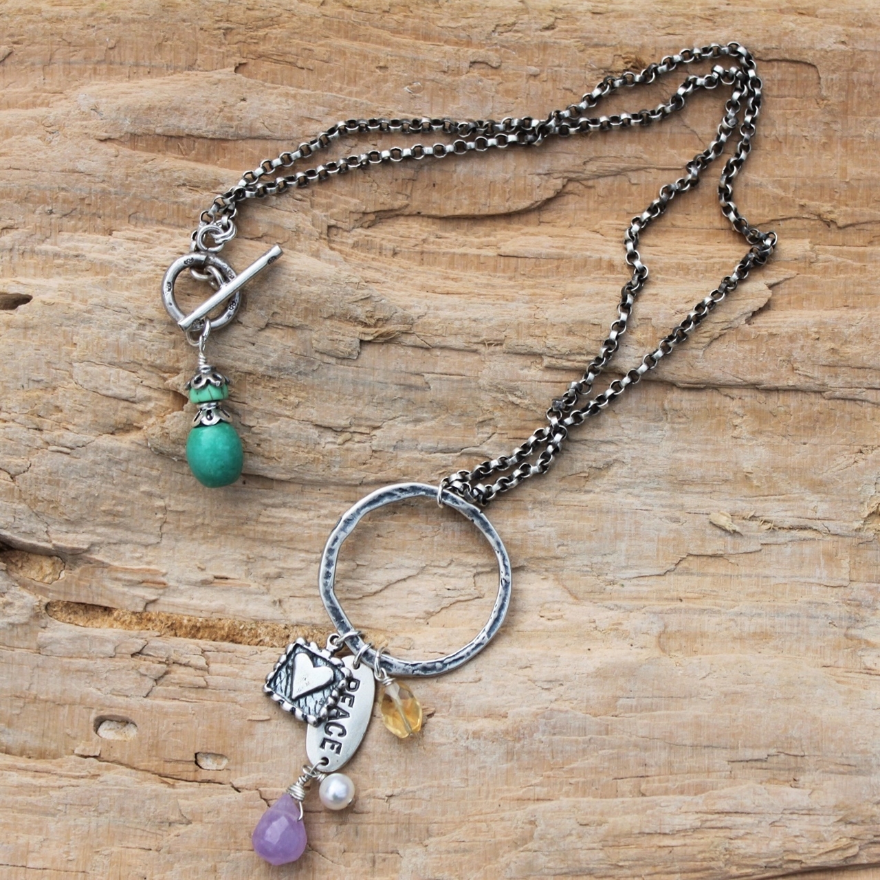 jdavis Collection. Sterling Peace Love Necklace with Gemstones