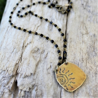 Brass Sun Necklace- Black Crystal Chain