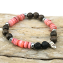 Pink Shell Brown Wood & Black Lava Bead Essential Oil Bracelet
