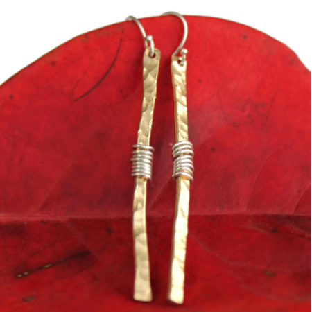 Long Hammered Gold Stick Earrings