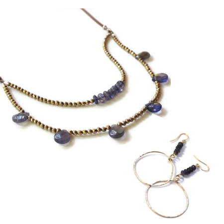 Leather Iolite Necklace & Earring set