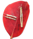 gold stick earrings on red leaf