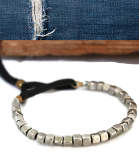 men's silver cube black leather bracelet