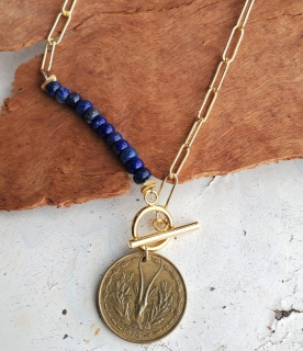 Gold vintage coin blue lapis gemstone gold chain necklace on wood