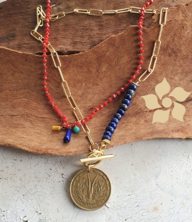 coin and gemstone necklace set on wood