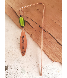 personalized copper bookmark with green bead