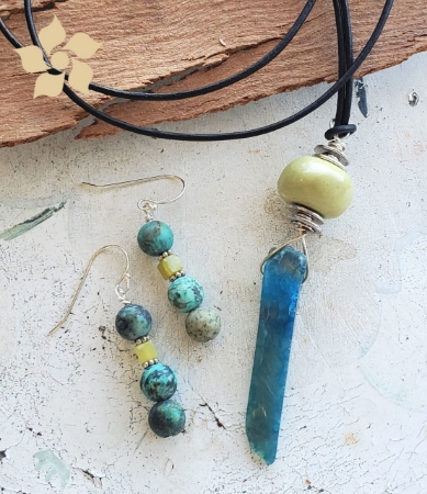 Teal & green gemstone stick necklace and earrings