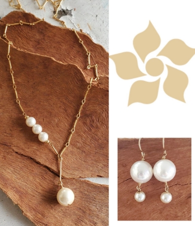 gold chain white pearl drop necklace & earing set