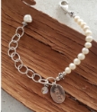 silver chain white pearl charm bracelet with birthdate and initial