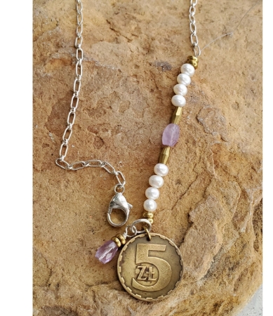 polish coin pearl amethyst birthstone necklace