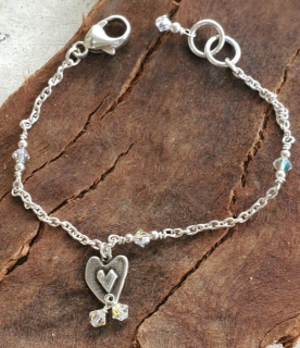 silver chain, heart charm, Swarovski crystal birthstone bracelet