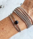 black gemstone silver box chain multi bead ball strand double bracelet stack on wrist