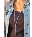 long silver chain ladder necklace on model with denim