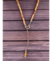 two golden brown, blue round agate gemstone necklaces on wood