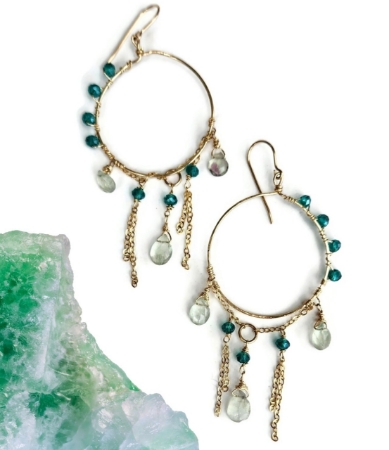 handcrafted green gemstone gold chandelier earrings on white with natural stones