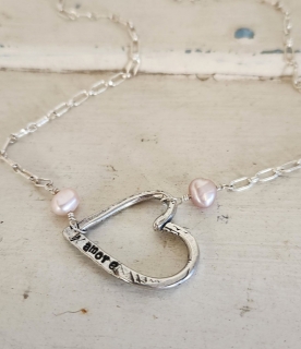 Light pink pearl, silver chain open heart artisan necklace