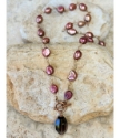 Artisan brown gemstone brown-pink pearl necklace on stones