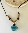 blue agate gemstone brass black bead necklace up close