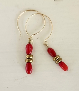 Red coral, gold mini hoop earrings handcrafted