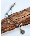 silver mult-chain cross and faith charm bracelet  on wood full view
