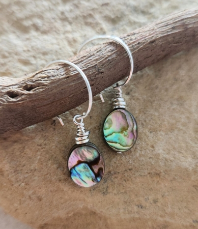 silver hoop abalone earrings on wood stick