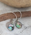 Abalone silver hoop earrings on wood stick