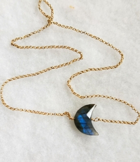 blue labradorite moon gold chain necklace on white