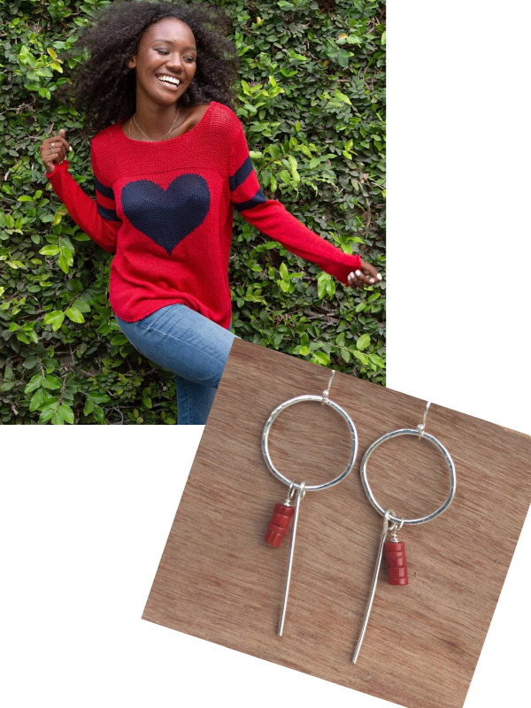 artsy coral hoop earrings and a big heart sweater