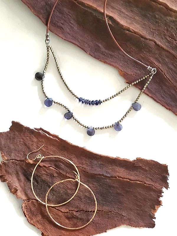 blue gemstone leather necklace & gold hoop earrings