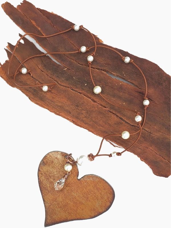 long leather pearl crystal copper heart necklace