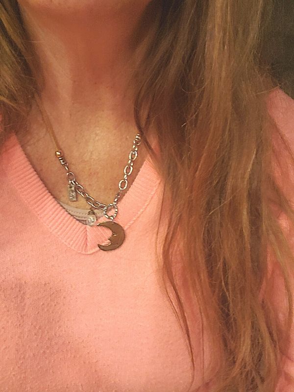 wearing metal artisan moon necklace