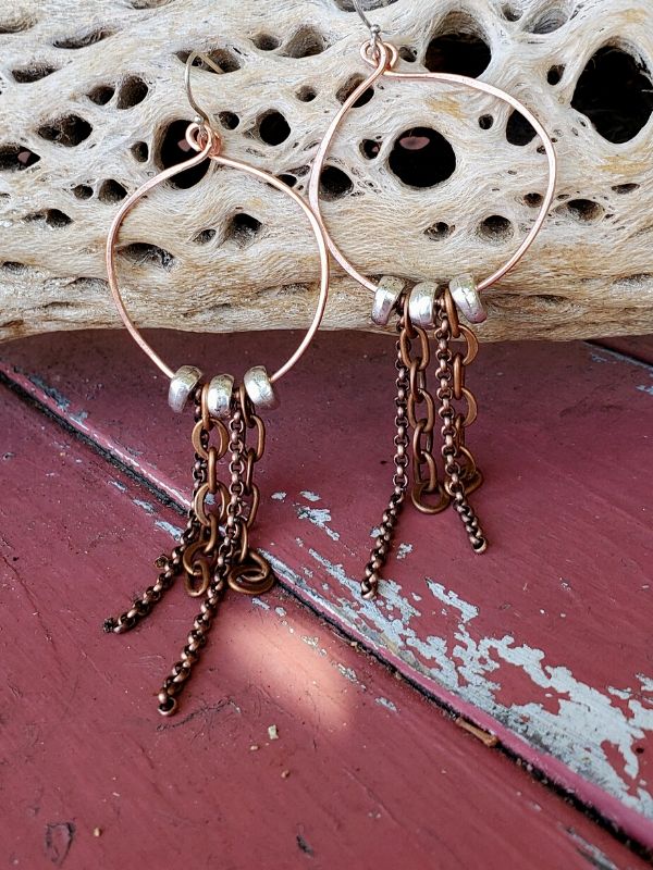 earthy Copper silver hoop chain earrings