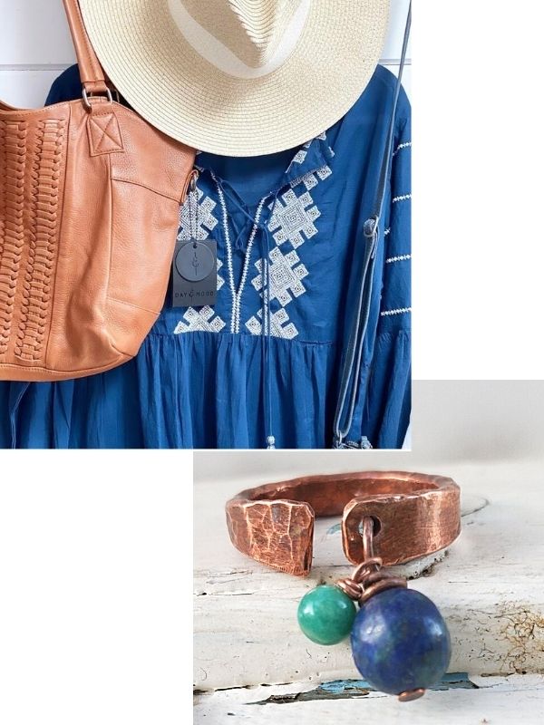 boho outfit with blue green stone on copper ring