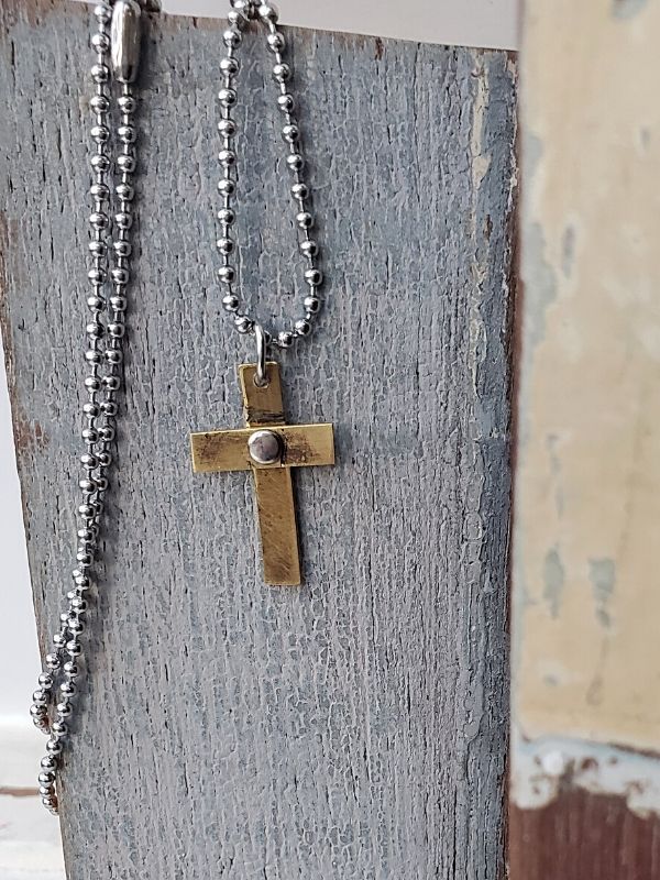 casual mixed metal riveted cross necklace