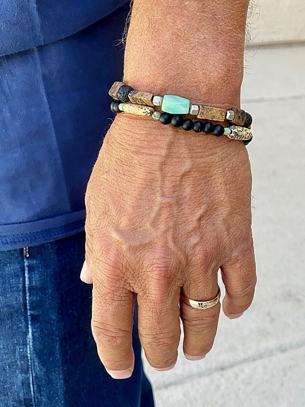 wearing his earthy gemstone aromatherapy bracelets