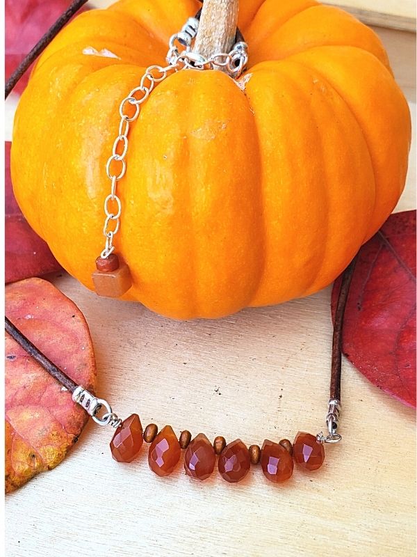 orange gemstone leather necklace with fall leaves