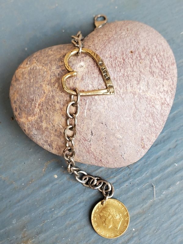 Heart chain bracelet gift with Italian coin on rock