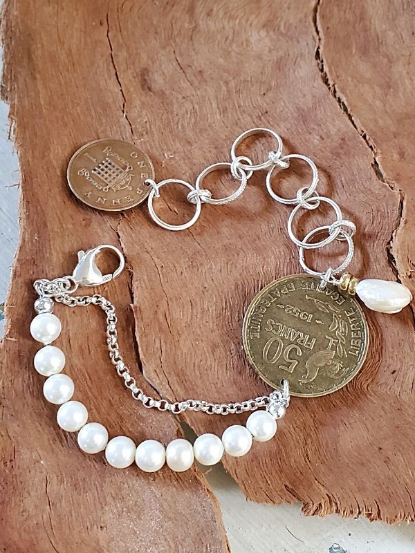 old coin bracelet with pearls & mixed silver chain