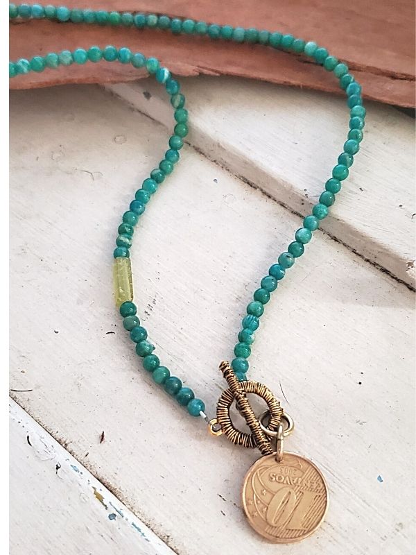 Brazil coin necklace with green stones