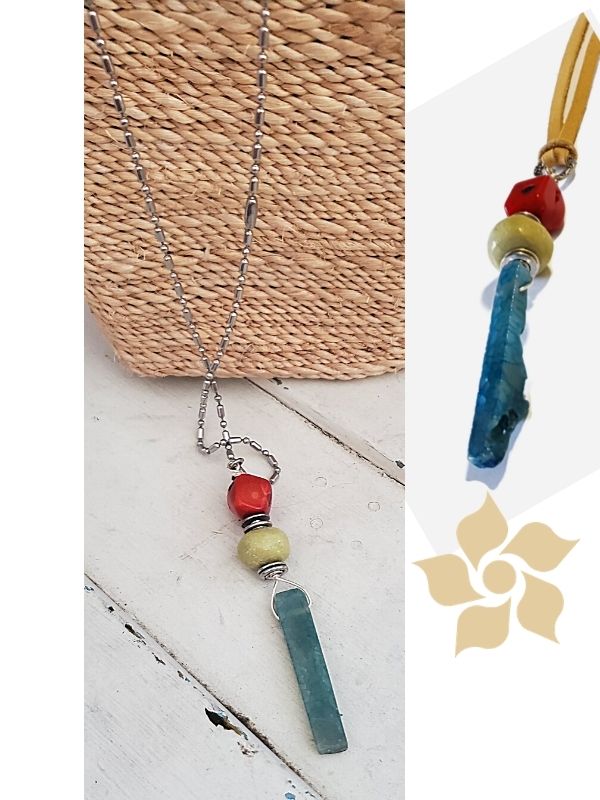 gemstone stick necklace on chain and leather