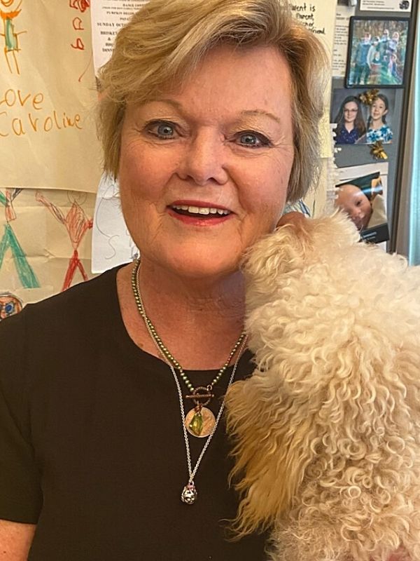 wearing her pearl  Irish coin necklace with doggie