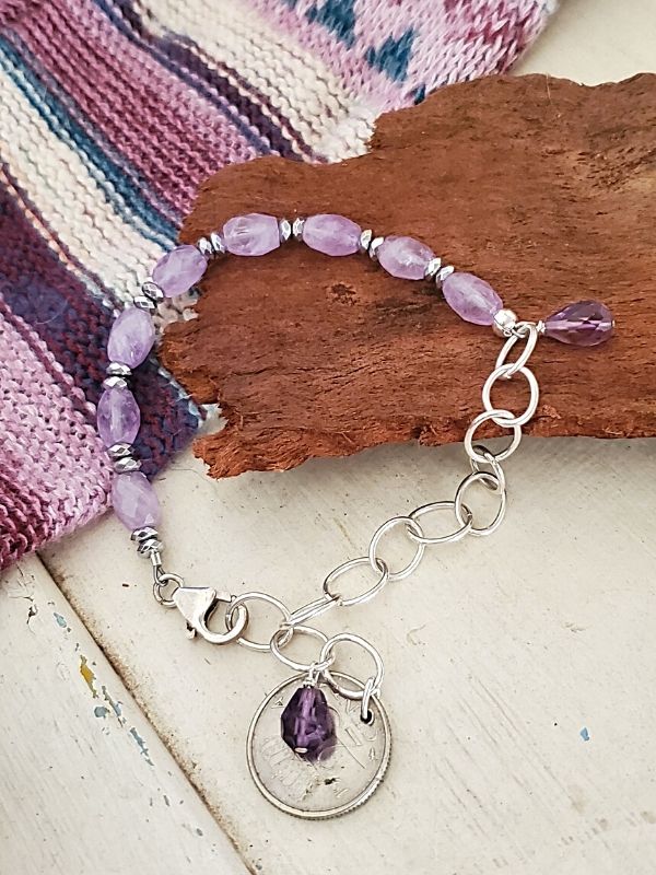 purple stone coin bracelet with sweater