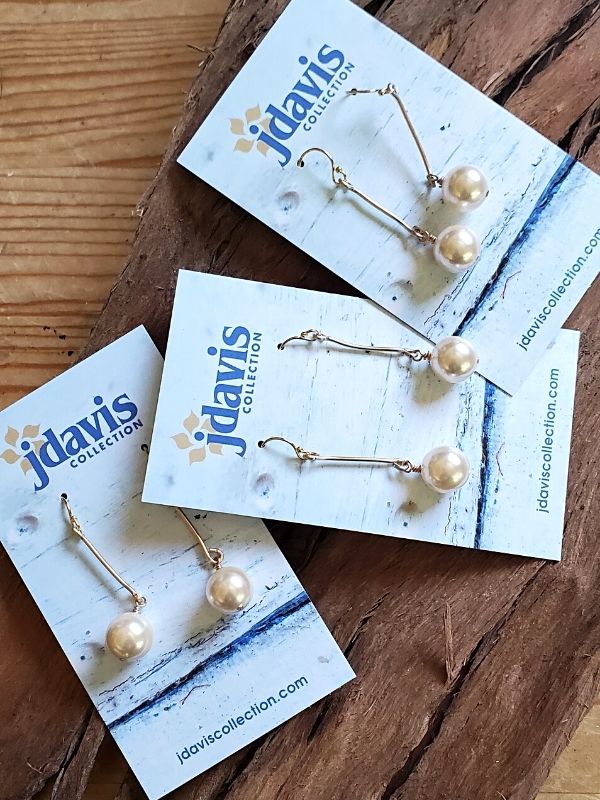 Pearl stick earrings on cards