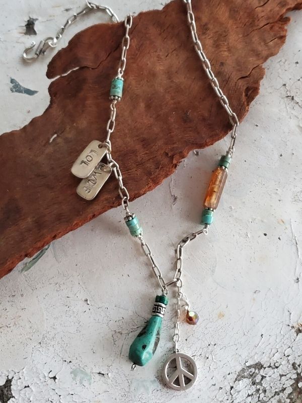 silver turquoise funky artisan charm necklace