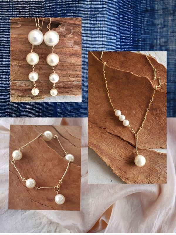 pearl jewelry on denim and silk fabric