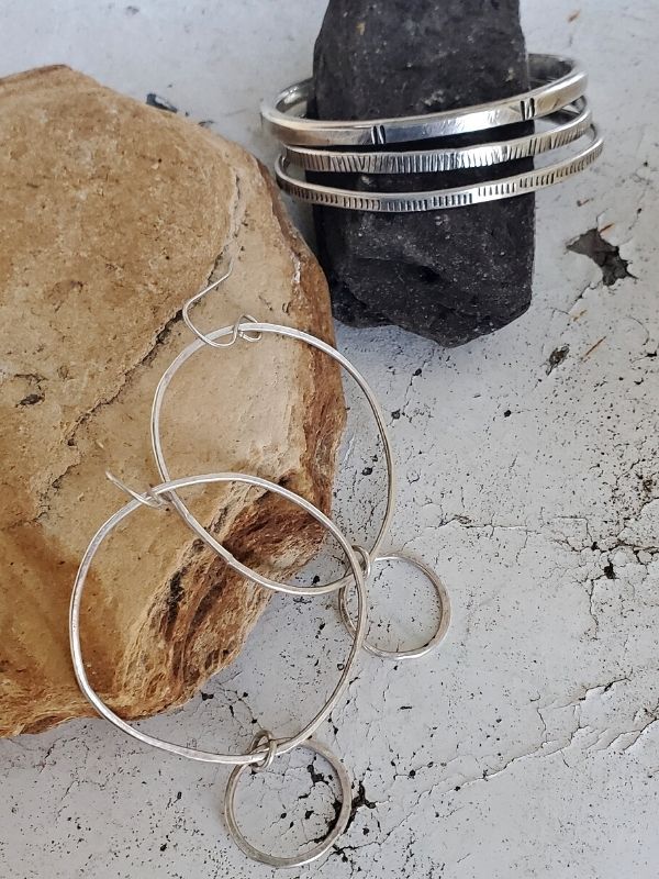 silver cuff stack abd big circle earrings