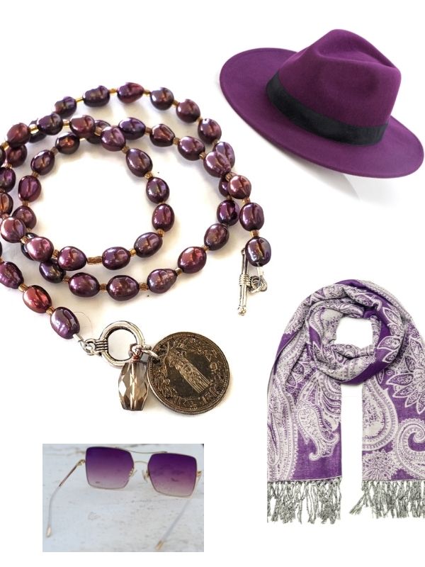 purple necklace, hat, sunglasses, scarf